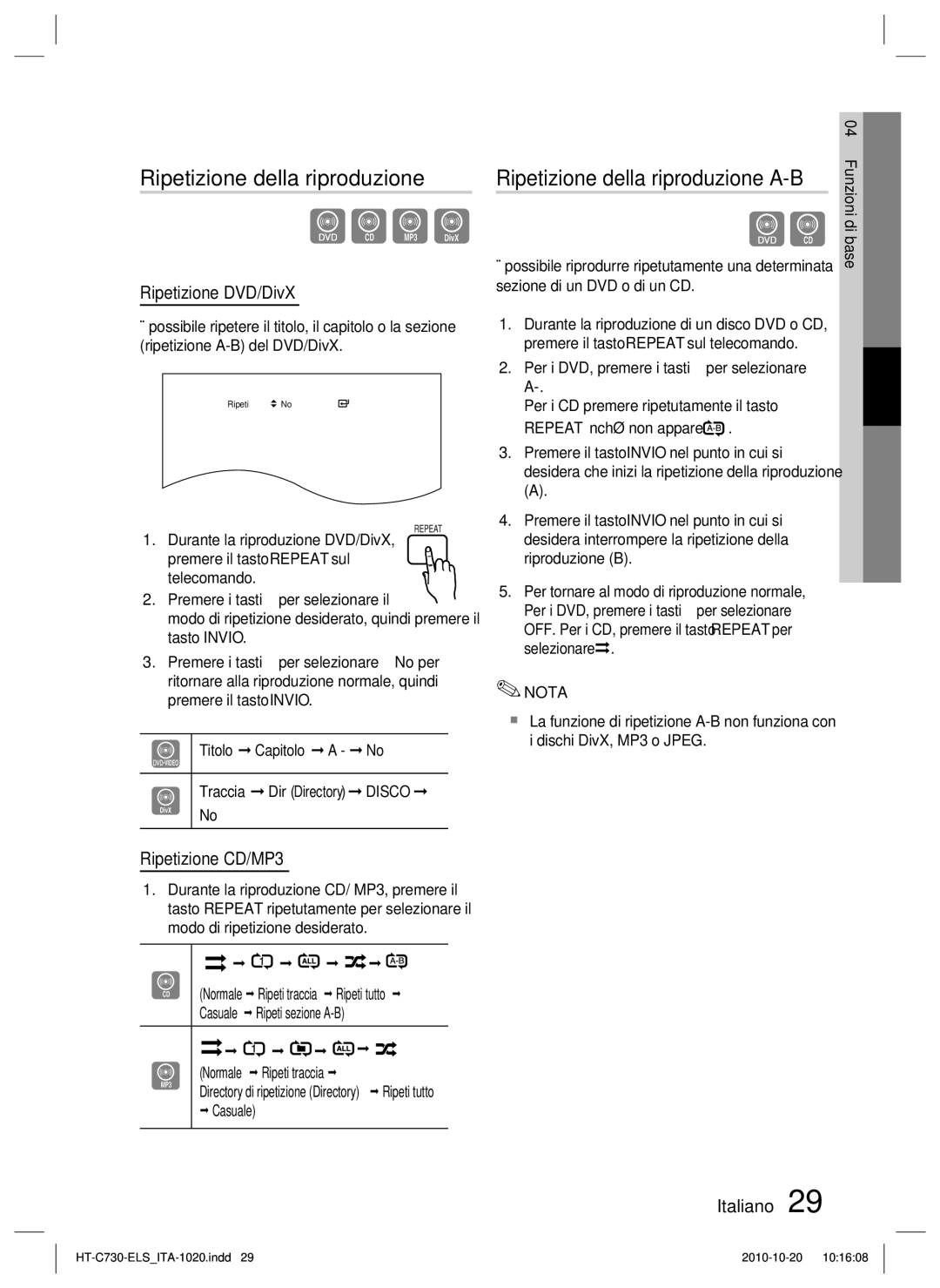 Samsung HT-C730/XEF manual Ripetizione della riproduzione A-B, Ripetizione DVD/DivX, Ripetizione CD/MP3 