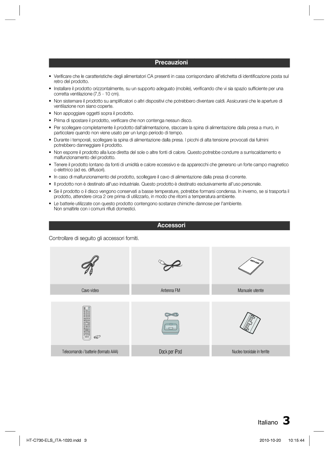 Samsung HT-C730/XEF manual Precauzioni, Accessori, Controllare di seguito gli accessori forniti, Dock per iPod 