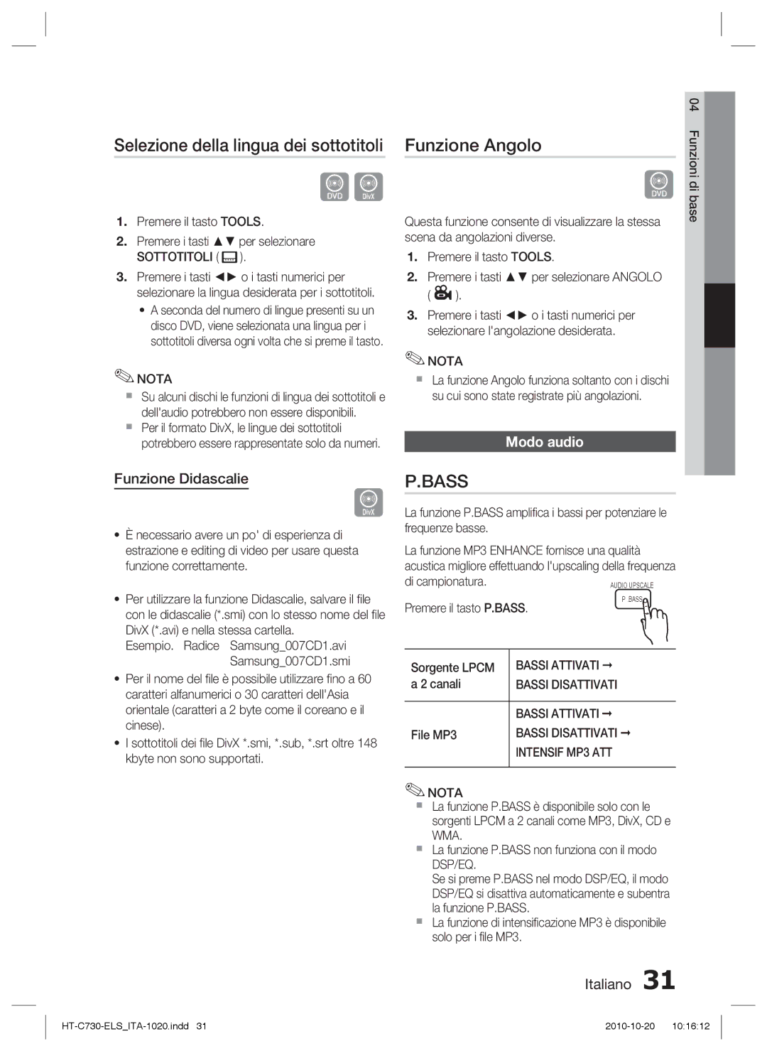 Samsung HT-C730/XEF manual Selezione della lingua dei sottotitoli, Funzione Angolo, Funzione Didascalie, Modo audio 