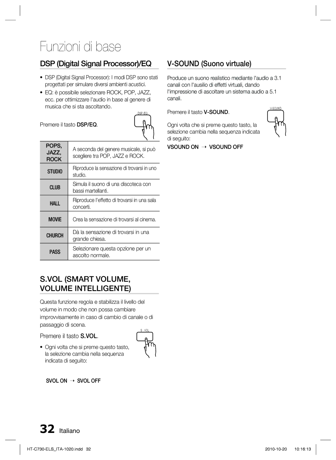 Samsung HT-C730/XEF manual DSP Digital Signal Processor/EQ, Sound Suono virtuale, Premere il tasto S.VOL 