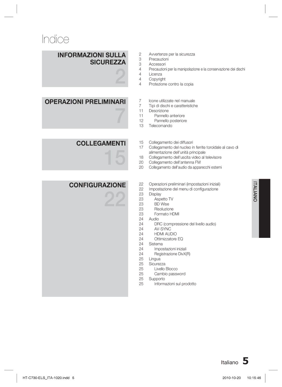 Samsung HT-C730/XEF manual Indice, Sicurezza 