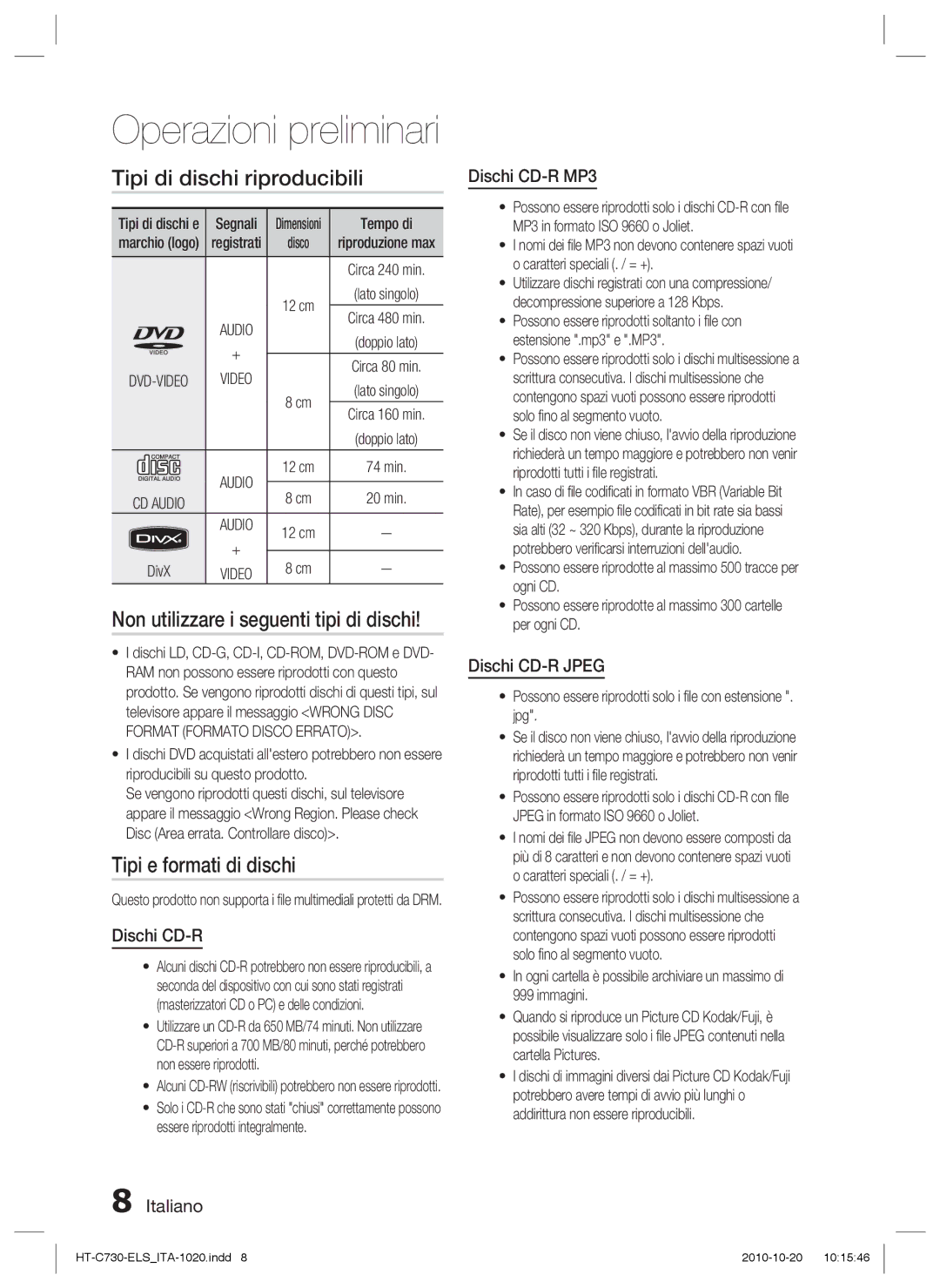 Samsung HT-C730/XEF manual Tipi di dischi riproducibili, Non utilizzare i seguenti tipi di dischi, Tipi e formati di dischi 