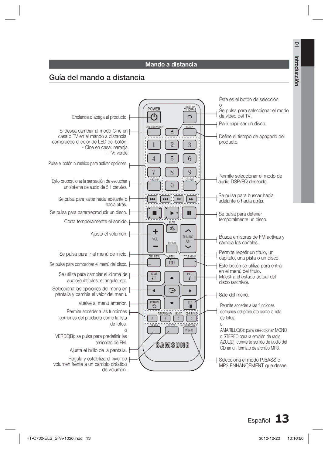 Samsung HT-C730/XEF manual Guía del mando a distancia, Mando a distancia 