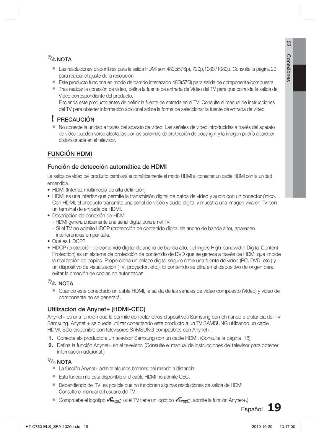 Samsung HT-C730/XEF manual Función de detección automática de Hdmi, Utilización de Anynet+ HDMI-CEC 