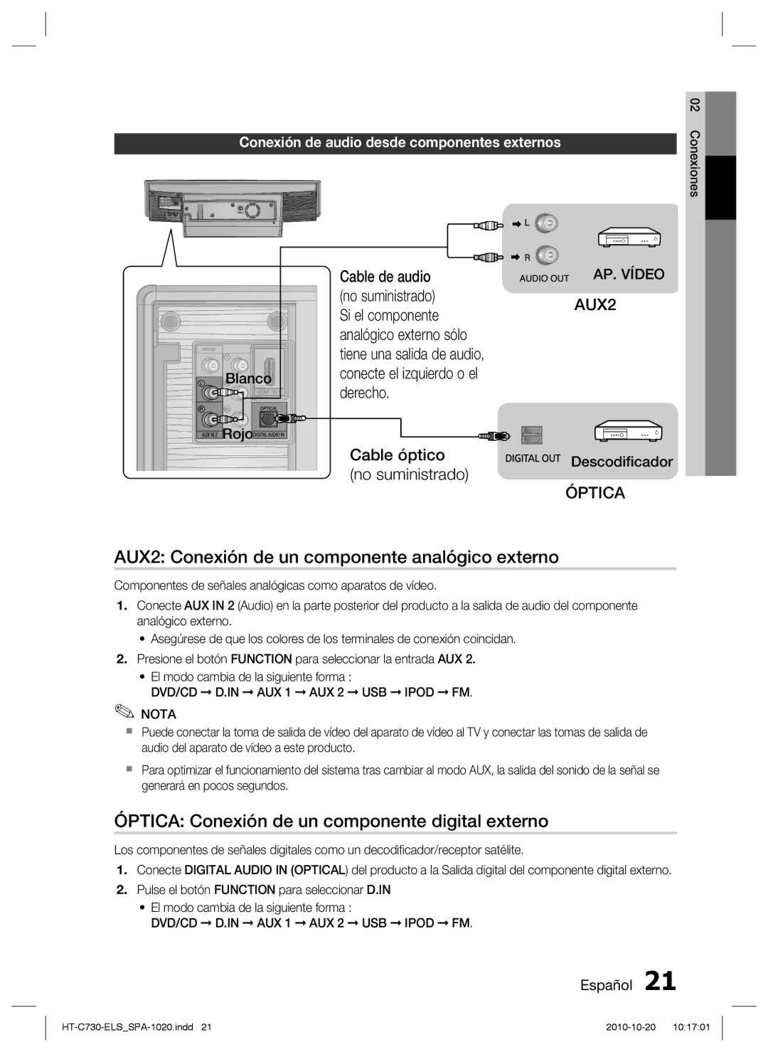 Samsung HT-C730/XEF AUX2 Conexión de un componente analógico externo, Óptica Conexión de un componente digital externo 