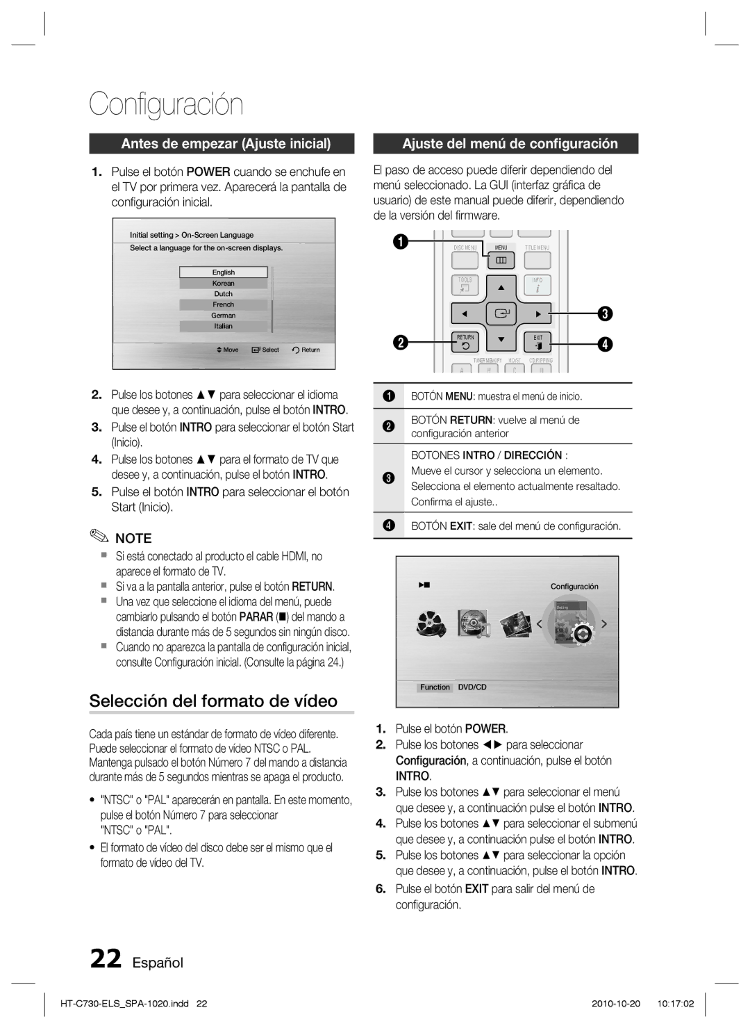 Samsung HT-C730/XEF manual Conﬁguración, Selección del formato de vídeo, Antes de empezar Ajuste inicial, Intro 