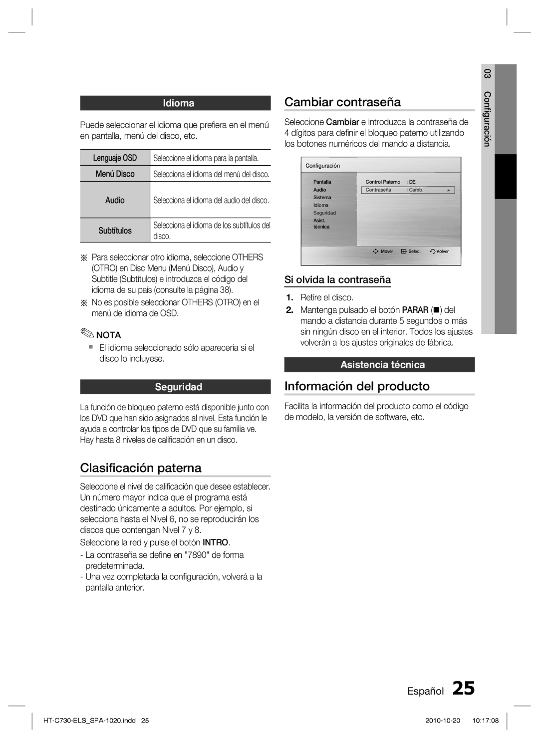 Samsung HT-C730/XEF manual Cambiar contraseña, Información del producto, Clasiﬁcación paterna 