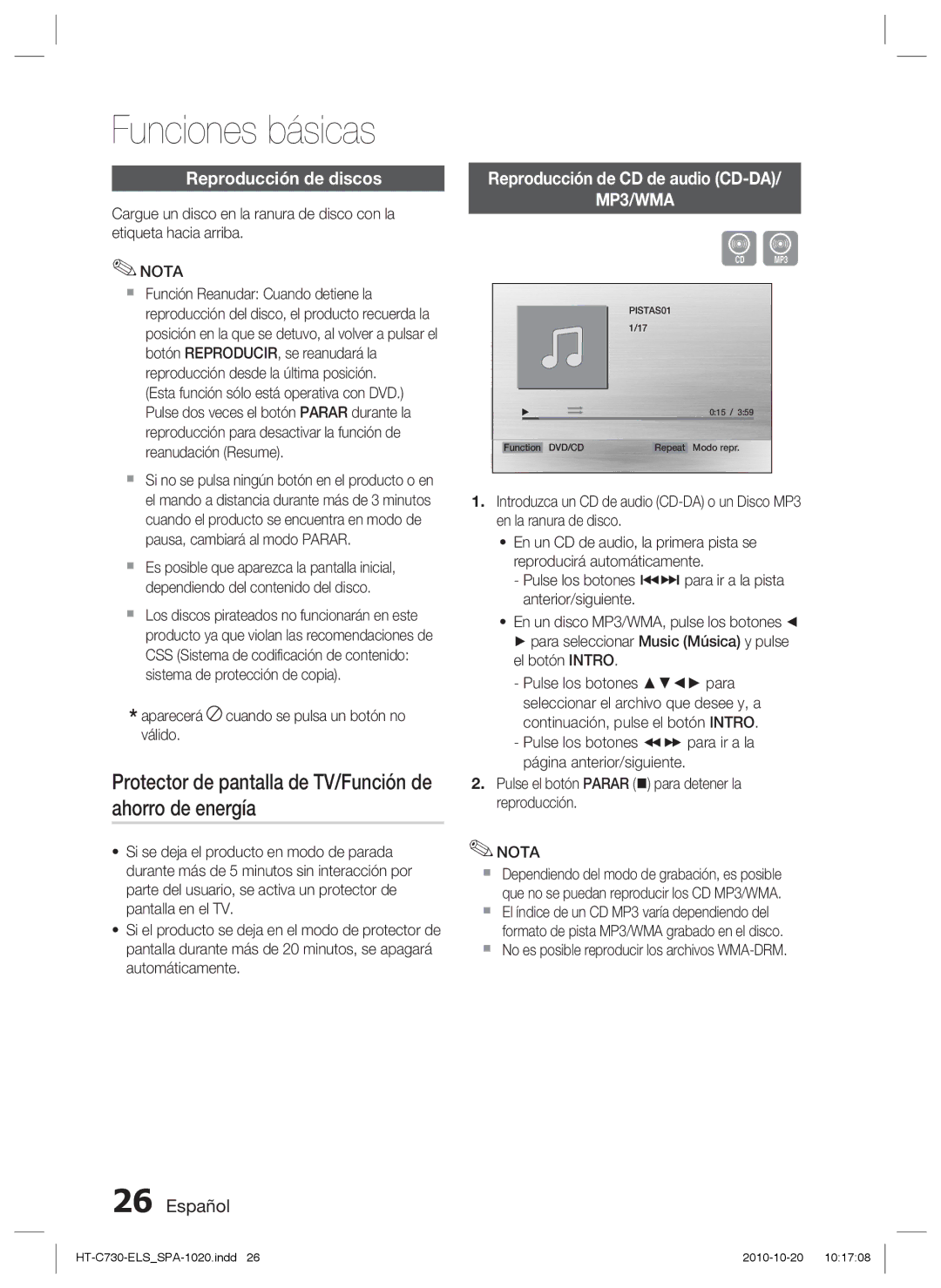 Samsung HT-C730/XEF Funciones básicas, Protector de pantalla de TV/Función de ahorro de energía, Reproducción de discos 