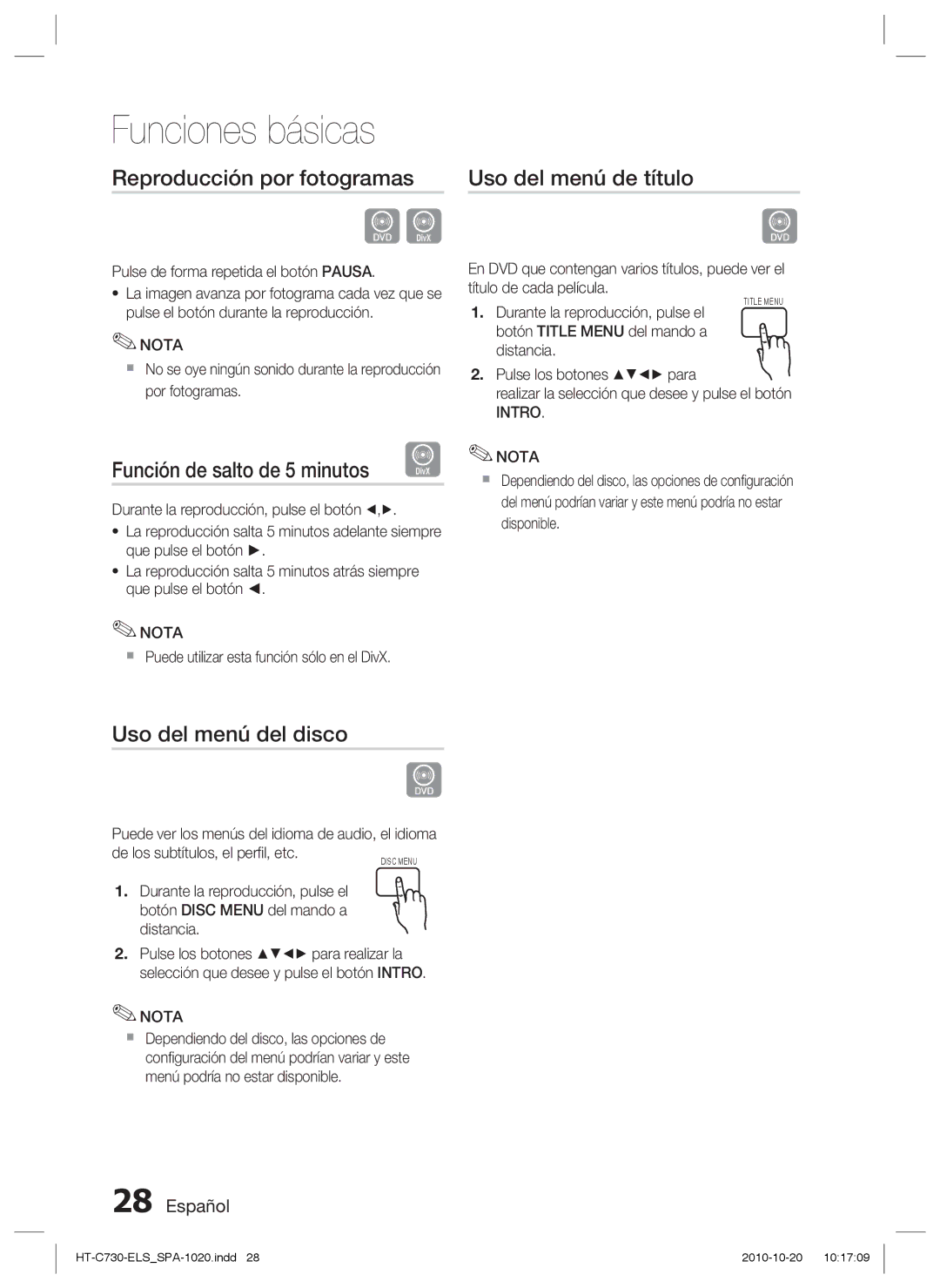 Samsung HT-C730/XEF manual Reproducción por fotogramas, Función de salto de 5 minutos, Uso del menú del disco, Intro Nota 