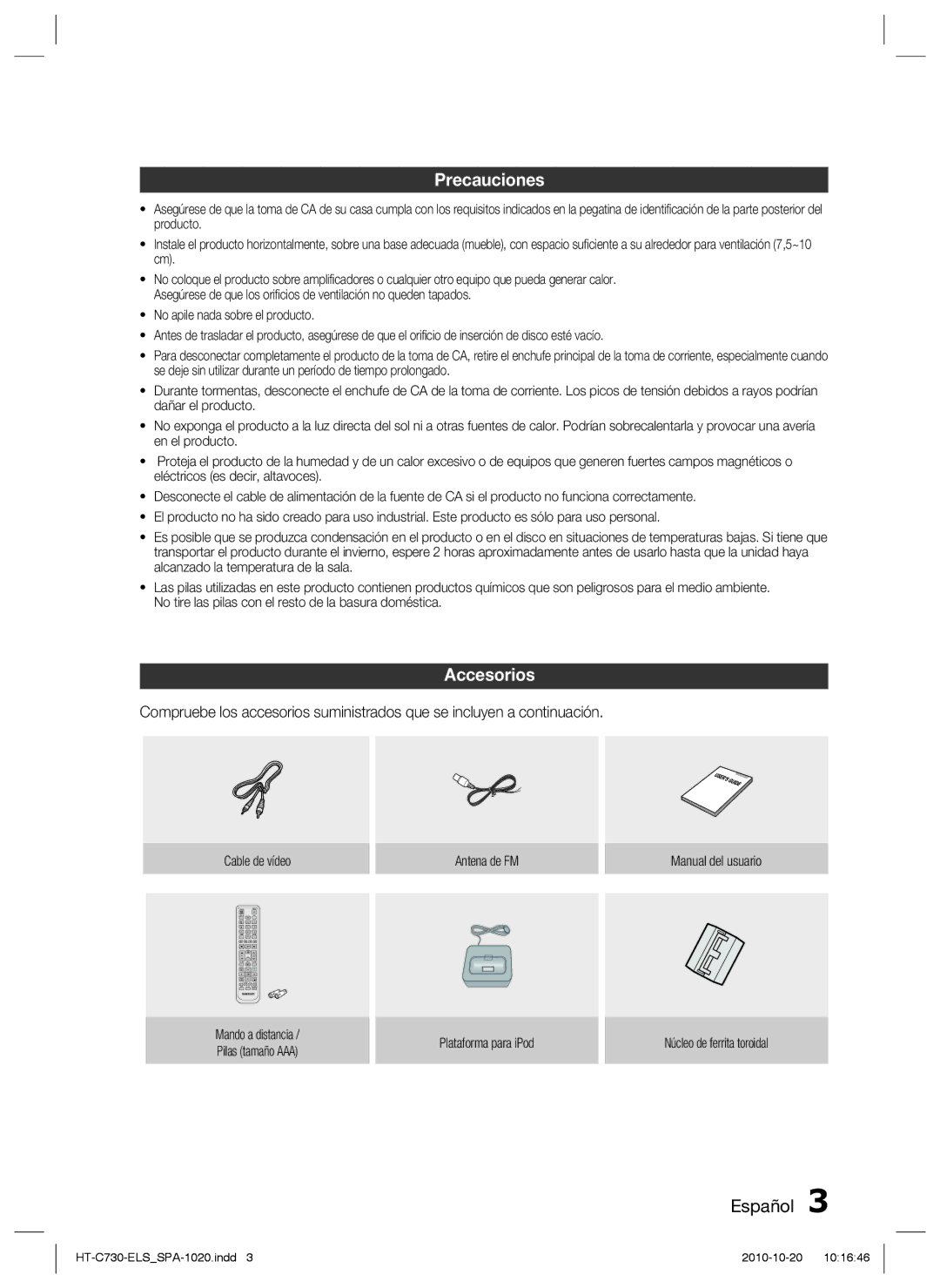 Samsung HT-C730/XEF manual Precauciones, Accesorios 