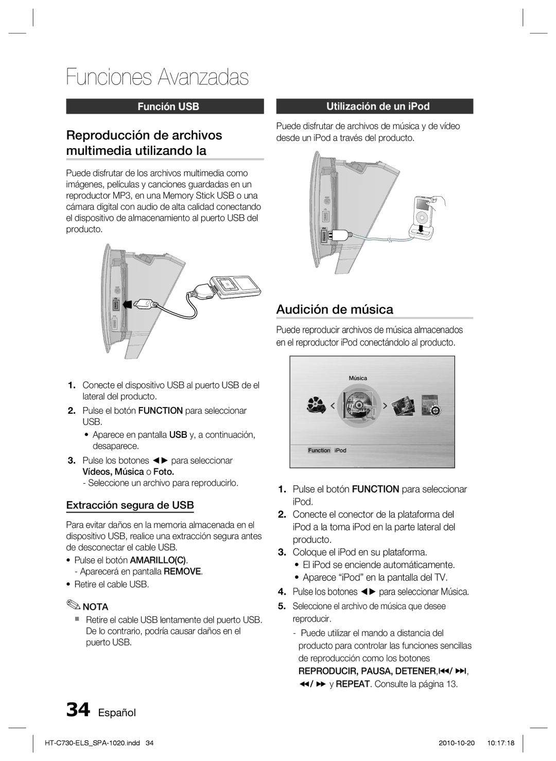 Samsung HT-C730/XEF manual Reproducción de archivos multimedia utilizando la, Audición de música, Función USB 