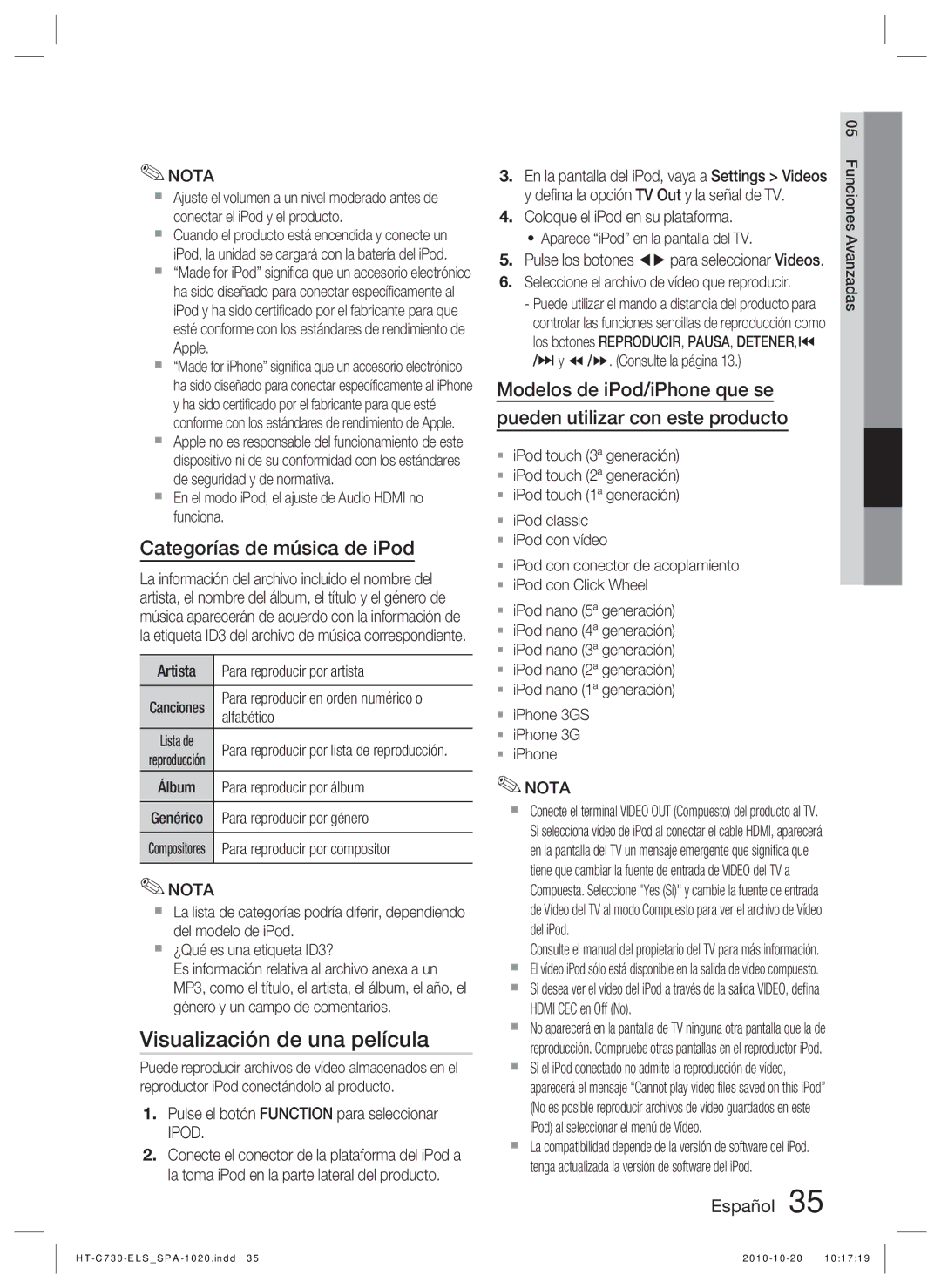 Samsung HT-C730/XEF manual Visualización de una película, Categorías de música de iPod 