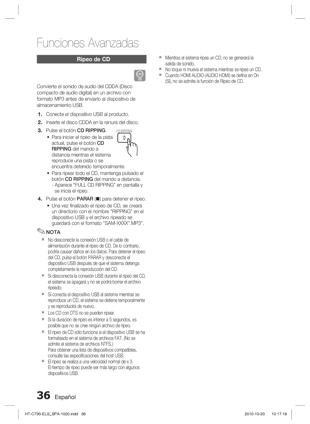 Samsung HT-C730/XEF manual Ripeo de CD, Encuentra detenido temporalmente,  Los CD con DTS no se pueden ripear 