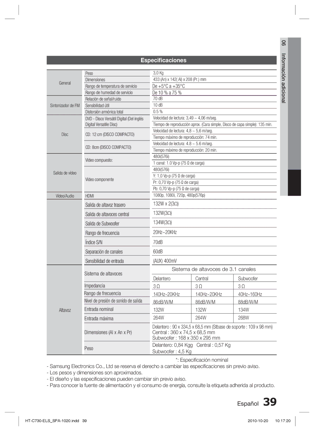 Samsung HT-C730/XEF manual Especiﬁcaciones 