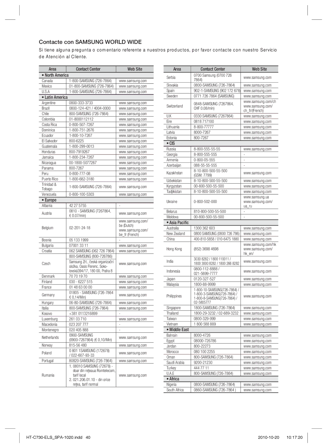 Samsung HT-C730/XEF Area Contact Center  Web Site ` North America, ` Latin America, ` Europe, ` Asia Paciﬁc, ` Africa 