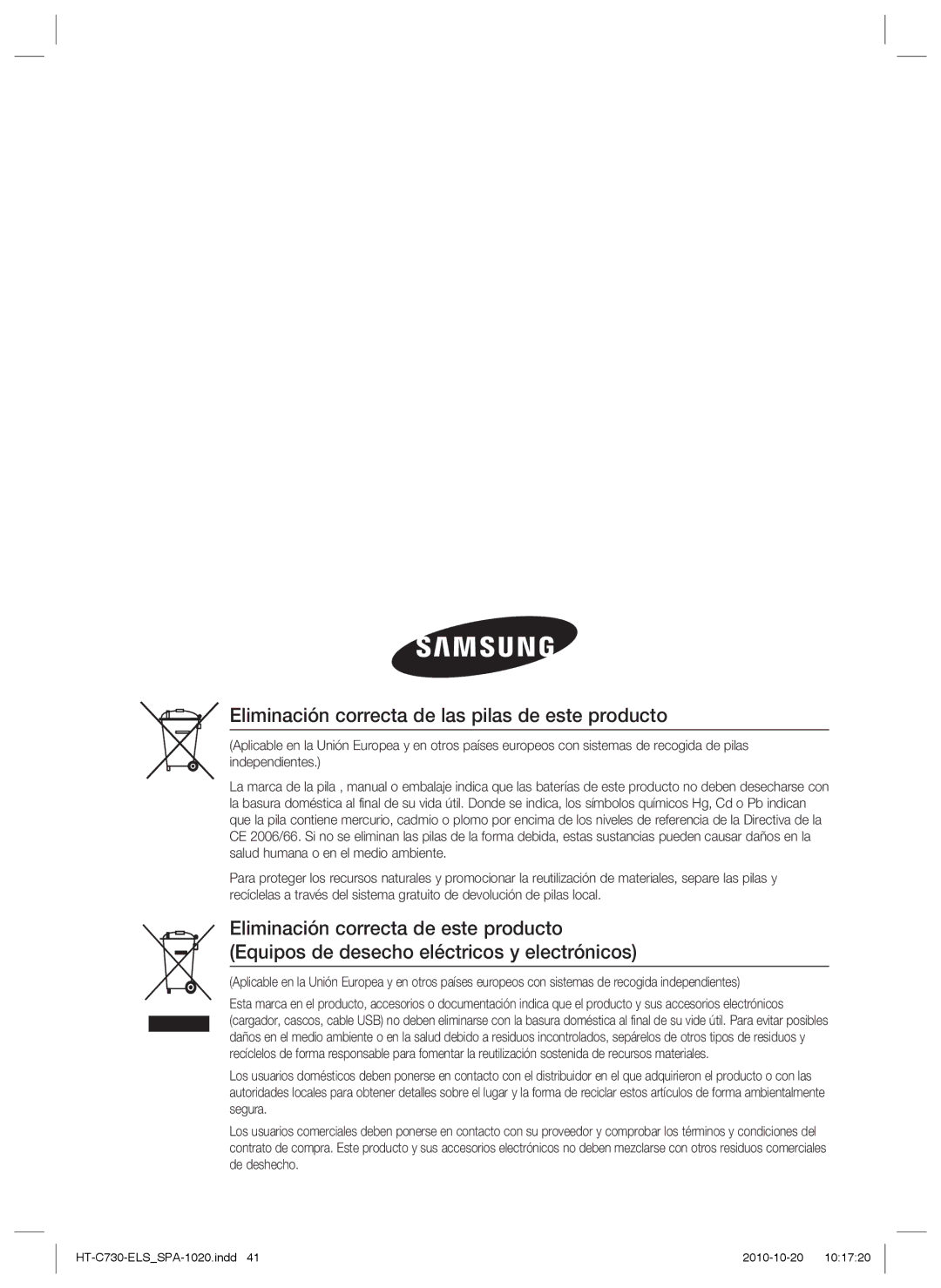 Samsung HT-C730/XEF manual Eliminación correcta de las pilas de este producto 