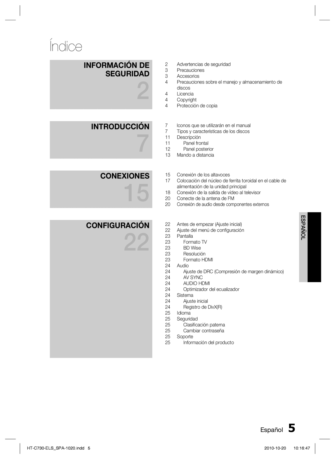 Samsung HT-C730/XEF manual Índice 