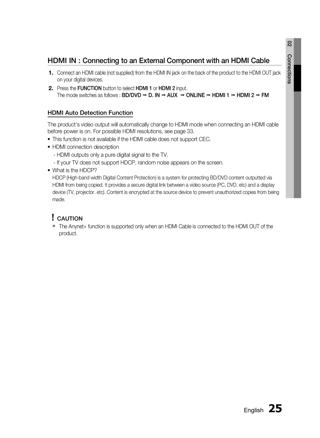 Samsung AH68-02262R, HT-C7530W user manual Hdmi Auto Detection Function 