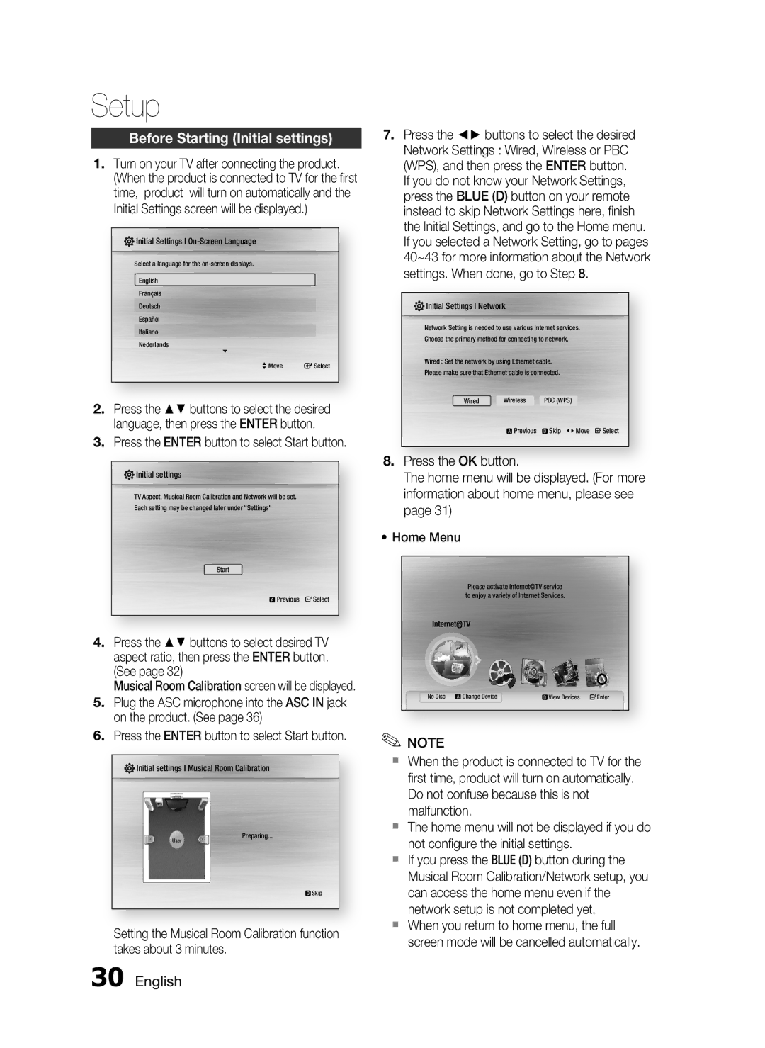 Samsung HT-C7530W, AH68-02262R Setup, Before Starting Initial settings, Press the Enter button to select Start button 