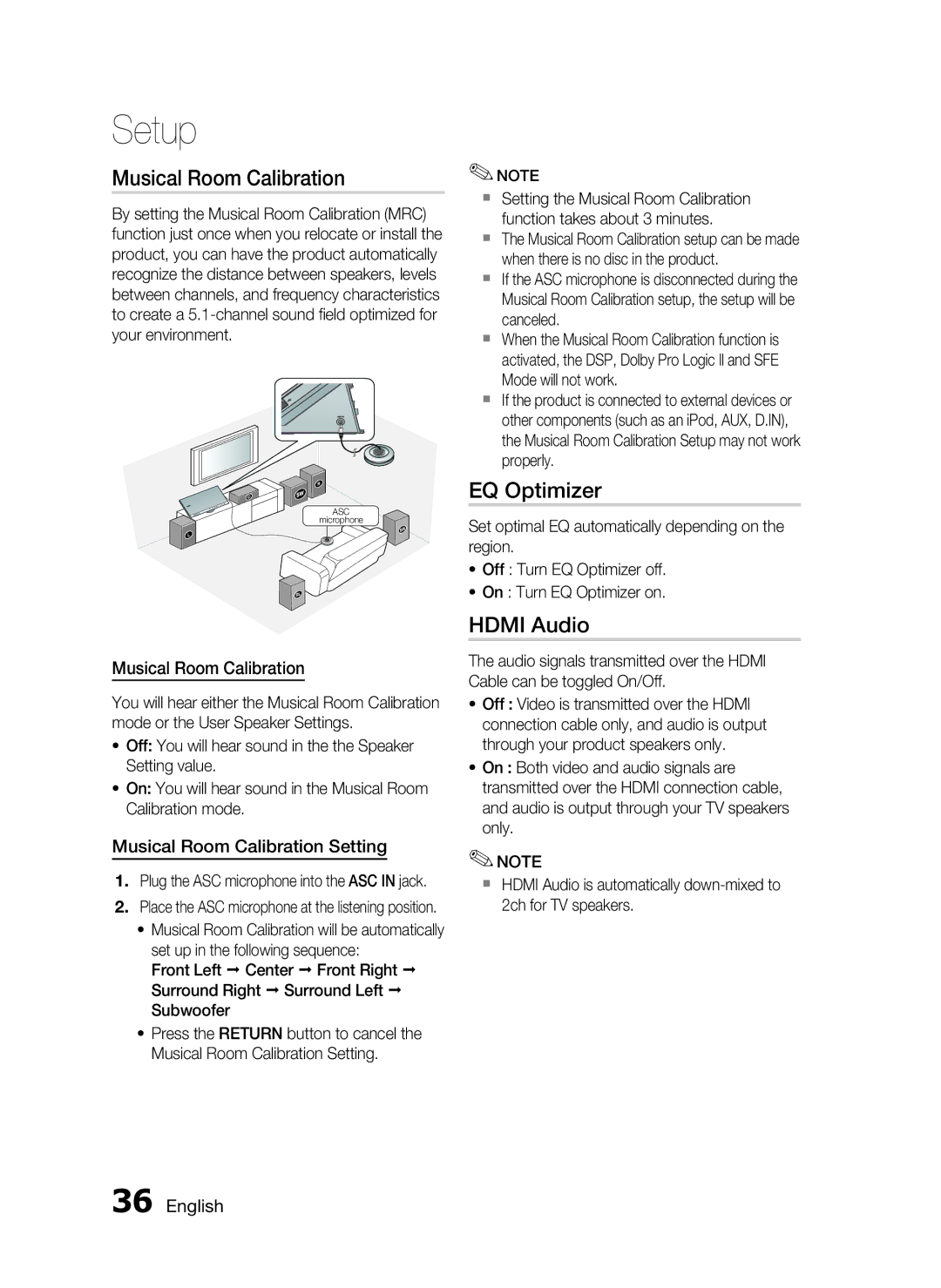 Samsung HT-C7530W, AH68-02262R user manual EQ Optimizer, Hdmi Audio, Musical Room Calibration Setting 