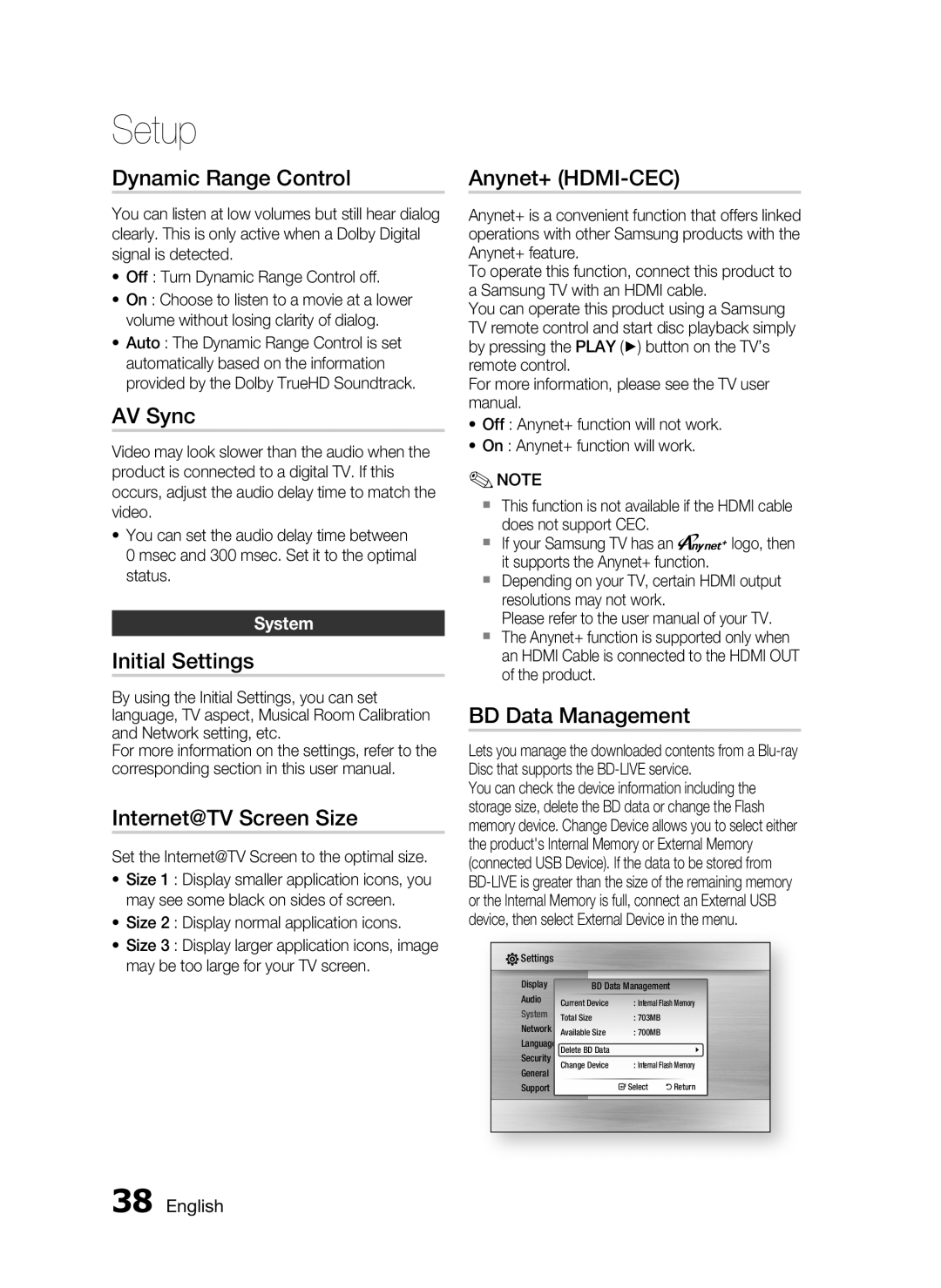 Samsung HT-C7530W, AH68-02262R Dynamic Range Control, AV Sync, Initial Settings, Internet@TV Screen Size, Anynet+ HDMI-CEC 