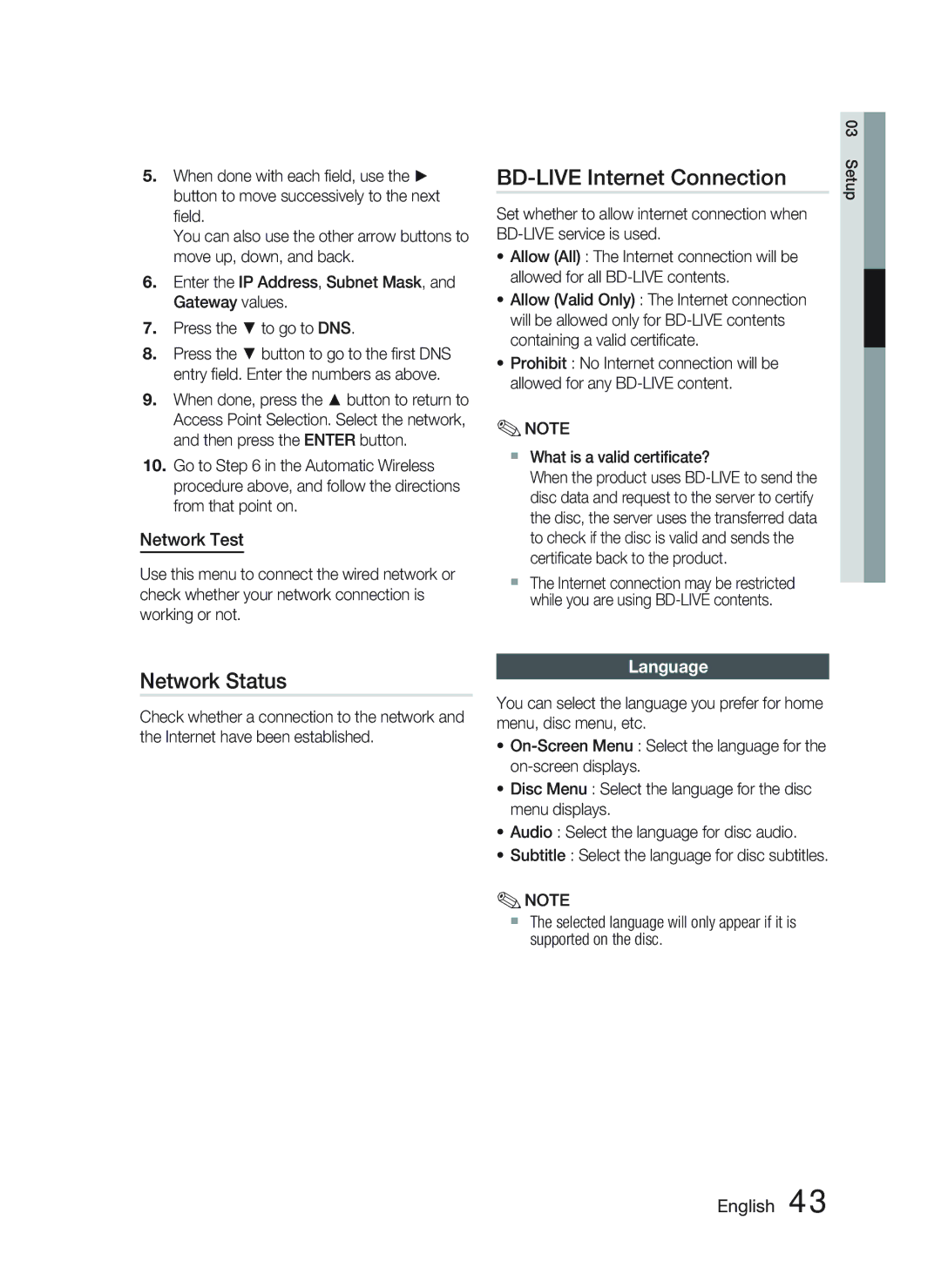 Samsung AH68-02262R, HT-C7530W user manual Network Test, Language 