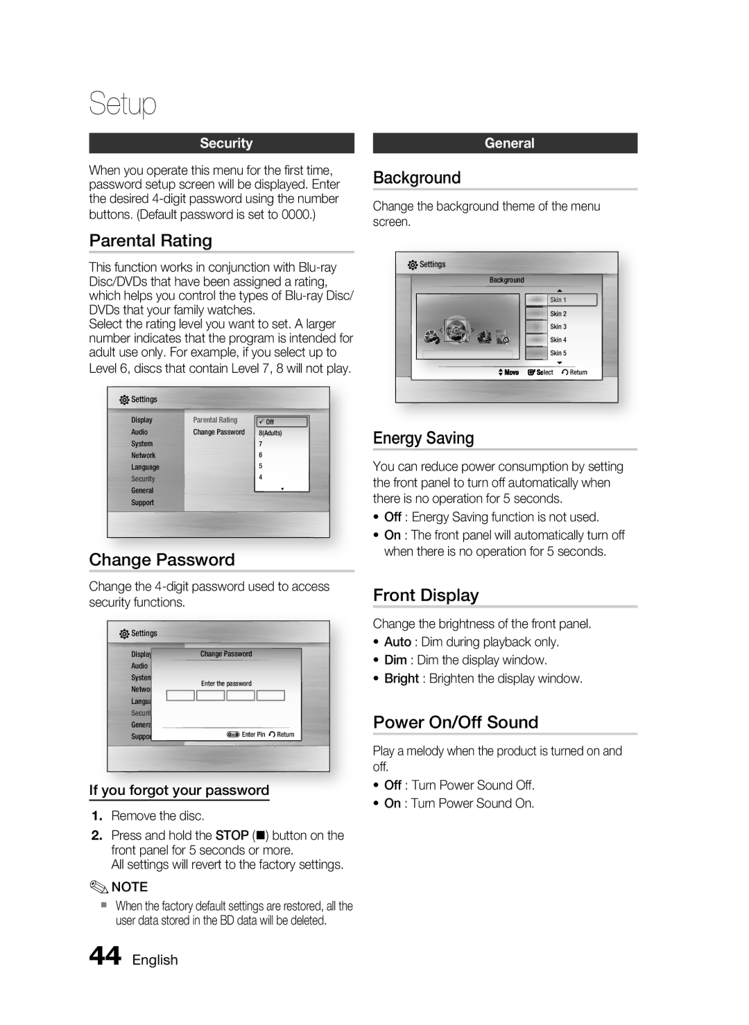 Samsung HT-C7530W Parental Rating, Change Password, Background, Energy Saving, Front Display, Power On/Off Sound 