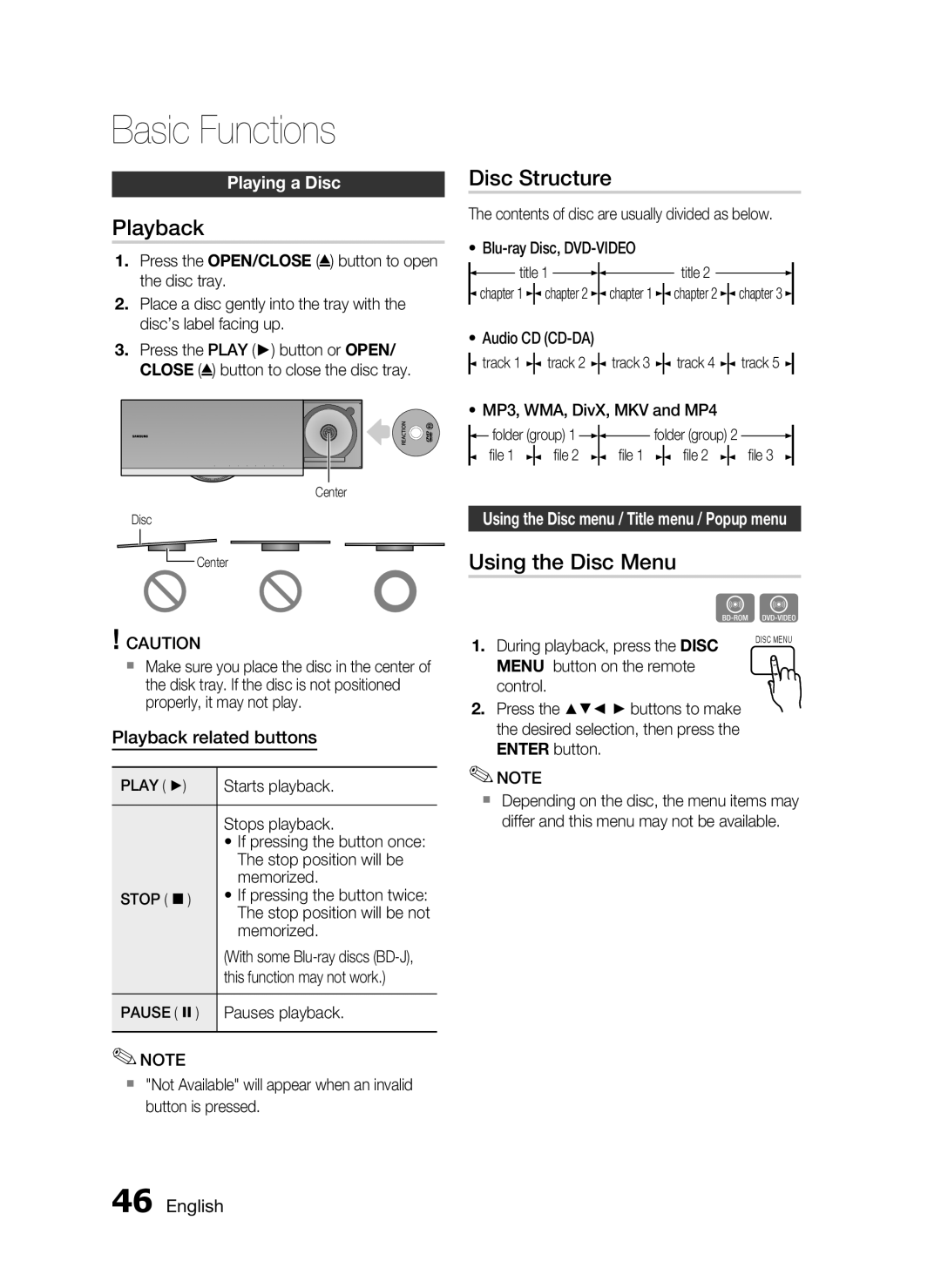 Samsung HT-C7530W, AH68-02262R user manual Basic Functions, Playback, Disc Structure, Using the Disc Menu 