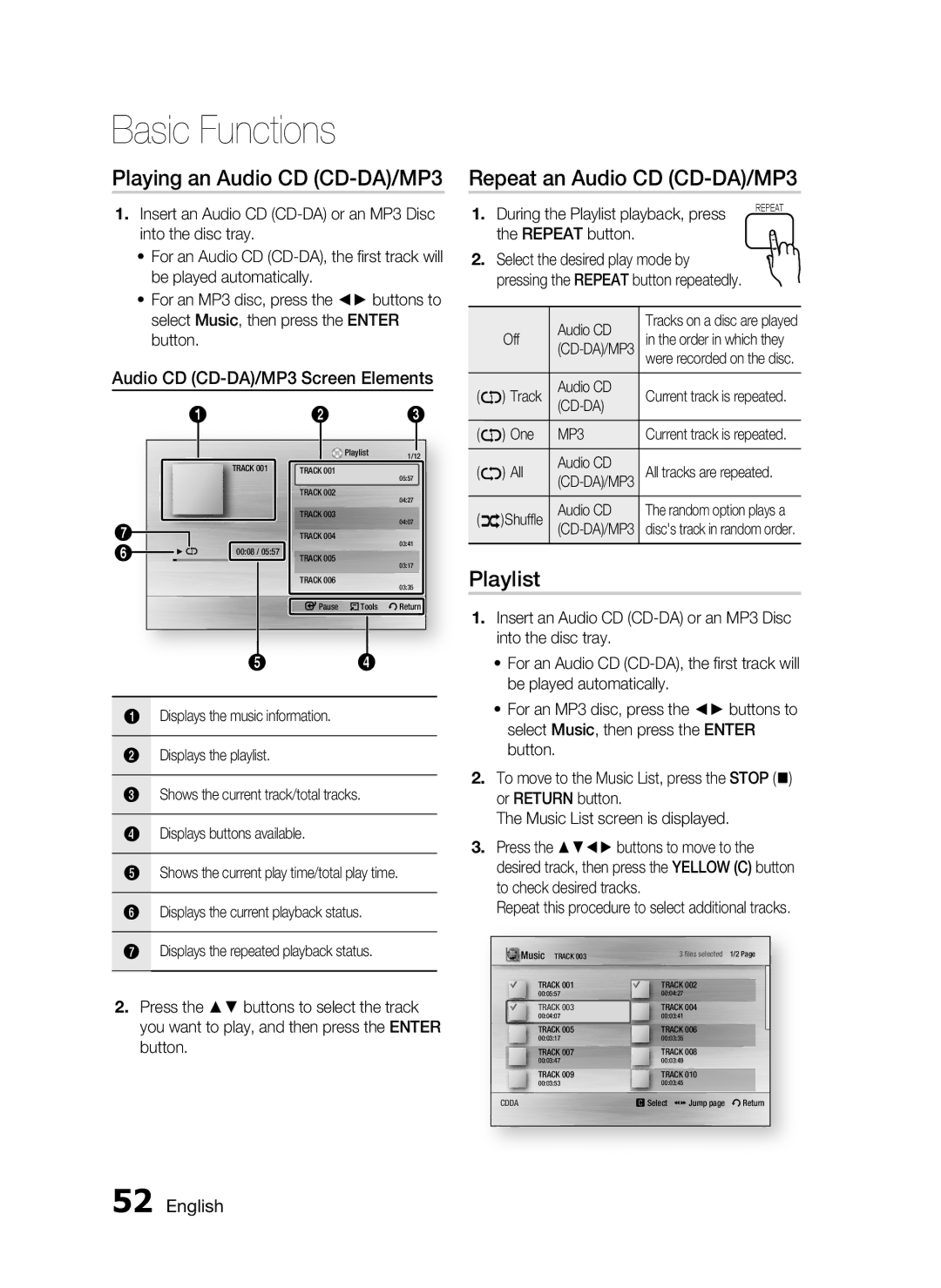 Samsung HT-C7530W, AH68-02262R user manual Playing an Audio CD CD-DA/MP3, Repeat an Audio CD CD-DA/MP3, Playlist 