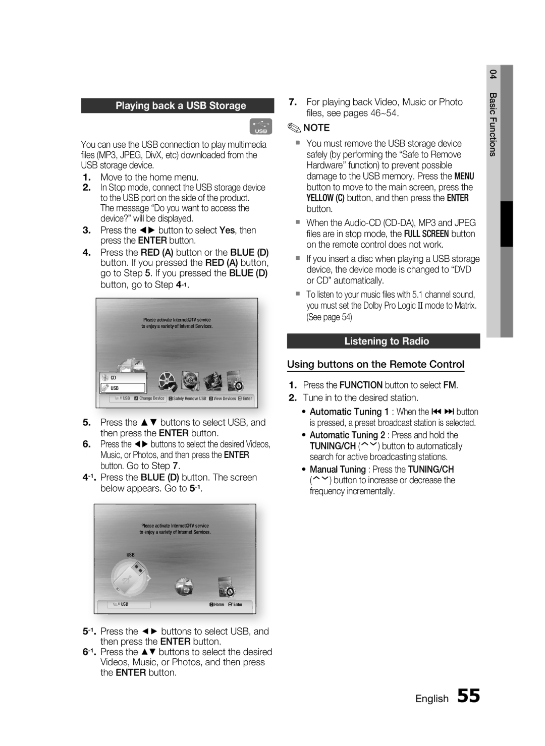 Samsung AH68-02262R, HT-C7530W Playing back a USB Storage, Listening to Radio, Using buttons on the Remote Control 