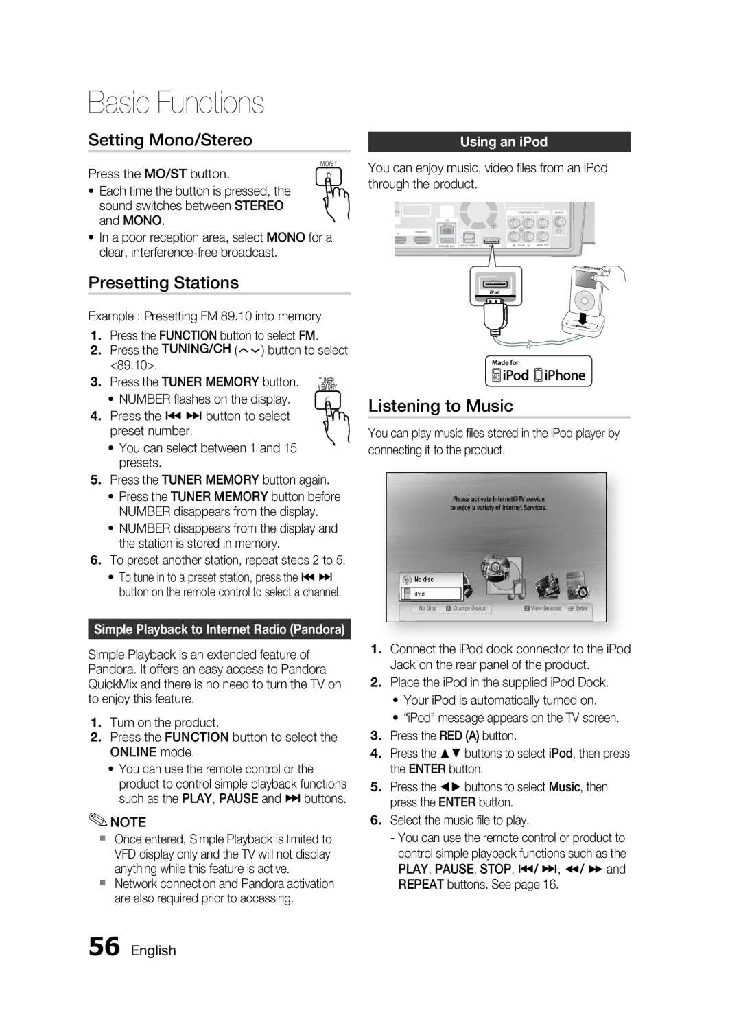 Samsung HT-C7530W Setting Mono/Stereo, Presetting Stations, Listening to Music, Using an iPod, Press the MO/ST button 