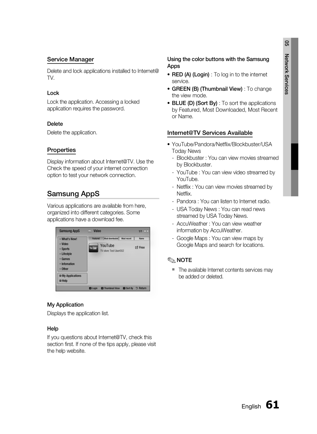 Samsung AH68-02262R, HT-C7530W user manual Samsung AppS, Service Manager, Properties, Internet@TV Services Available 