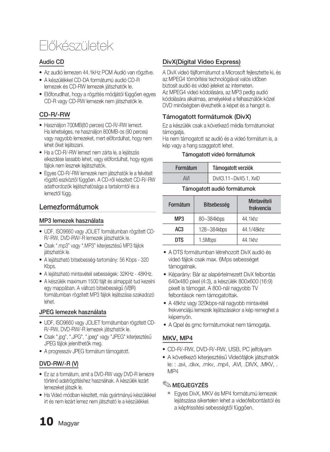 Samsung HT-C7550W/XEF, HT-C7550W/EDC, HT-C7550W/XEE manual Lemezformátumok 