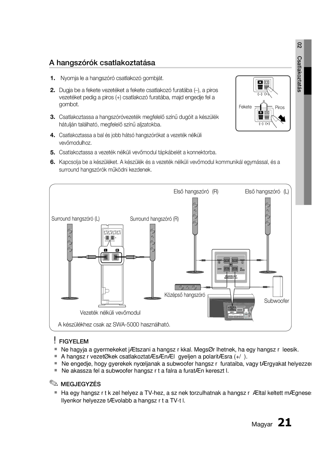 Samsung HT-C7550W/EDC Hangszórók csatlakoztatása, Surround hangszórók működni kezdenek Első hangszóró R, Fekete Piros 