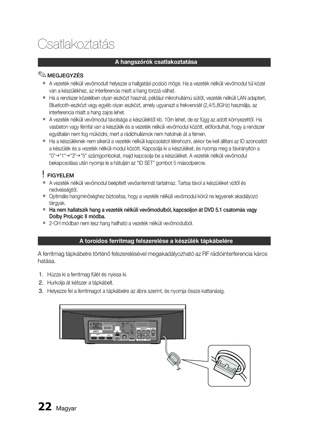 Samsung HT-C7550W/XEF, HT-C7550W/EDC, HT-C7550W/XEE manual Toroidos ferritmag felszerelése a készülék tápkábelére 