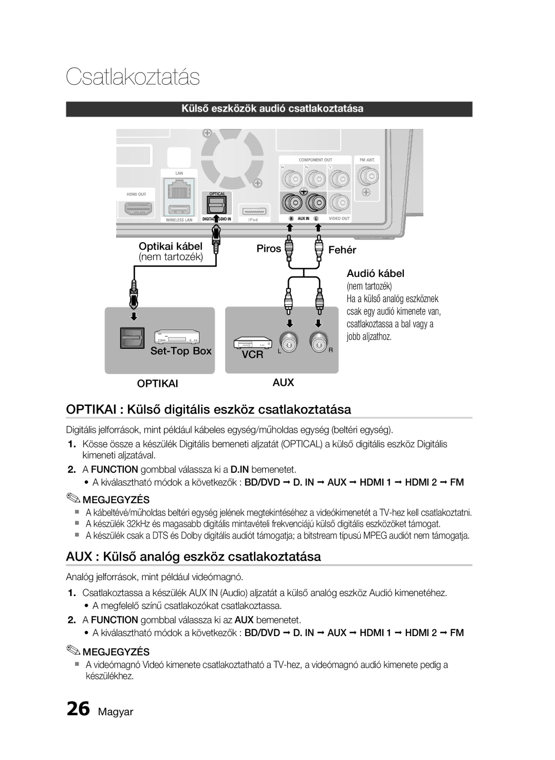 Samsung HT-C7550W/XEE manual Optikai Külső digitális eszköz csatlakoztatása, AUX Külső analóg eszköz csatlakoztatása 