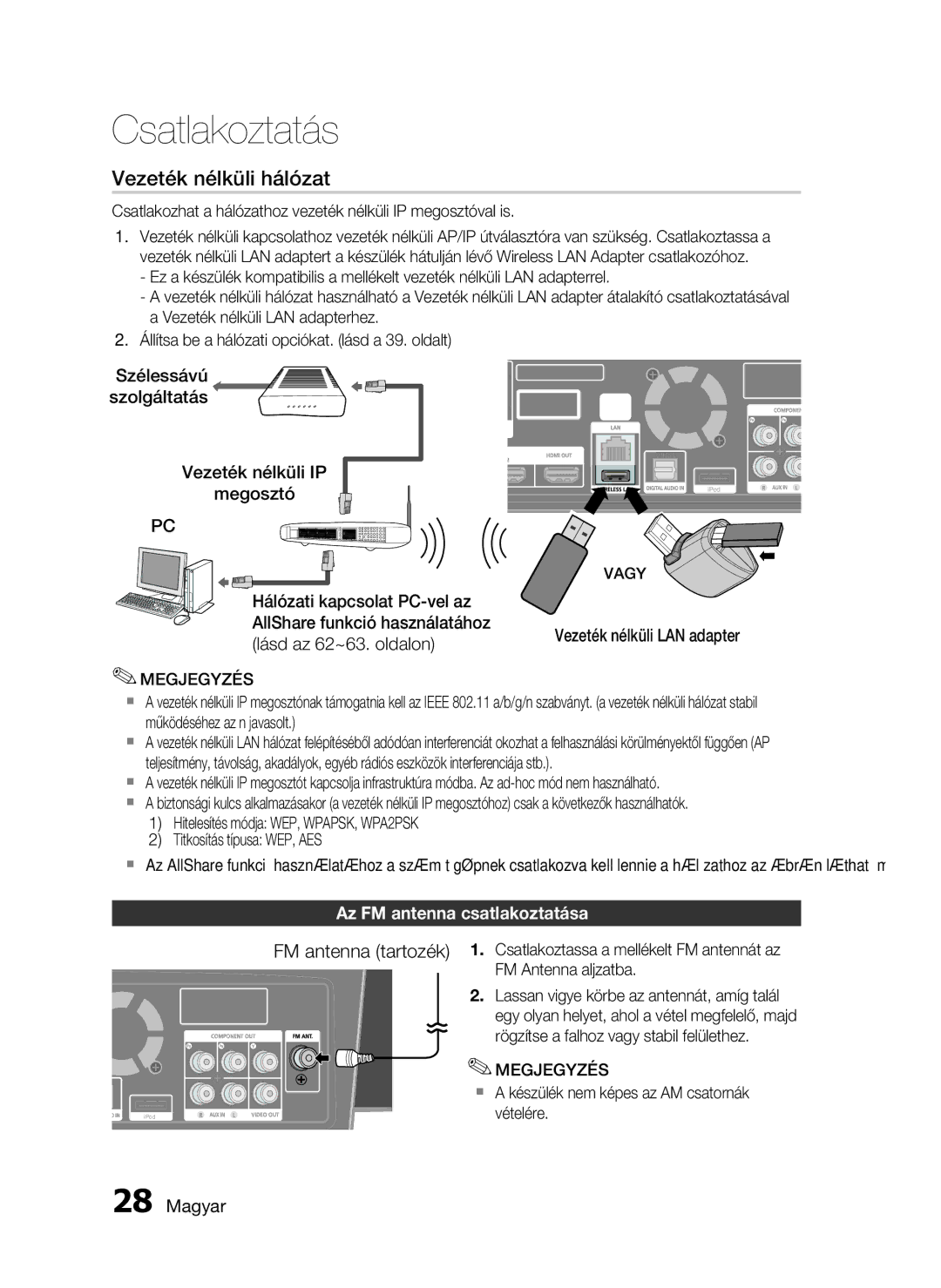 Samsung HT-C7550W/XEF manual Szélessávú Szolgáltatás Vezeték nélküli IP Megosztó, Vezeték nélküli LAN adapter, Vagy 