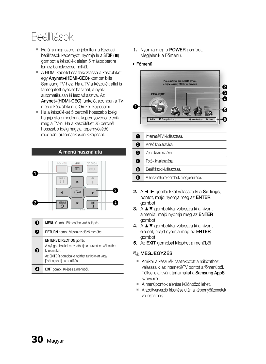 Samsung HT-C7550W/EDC, HT-C7550W/XEF manual Menü használata, Nyomja meg a Power gombot. Megjelenik a Főmenü, Ki elemeket 