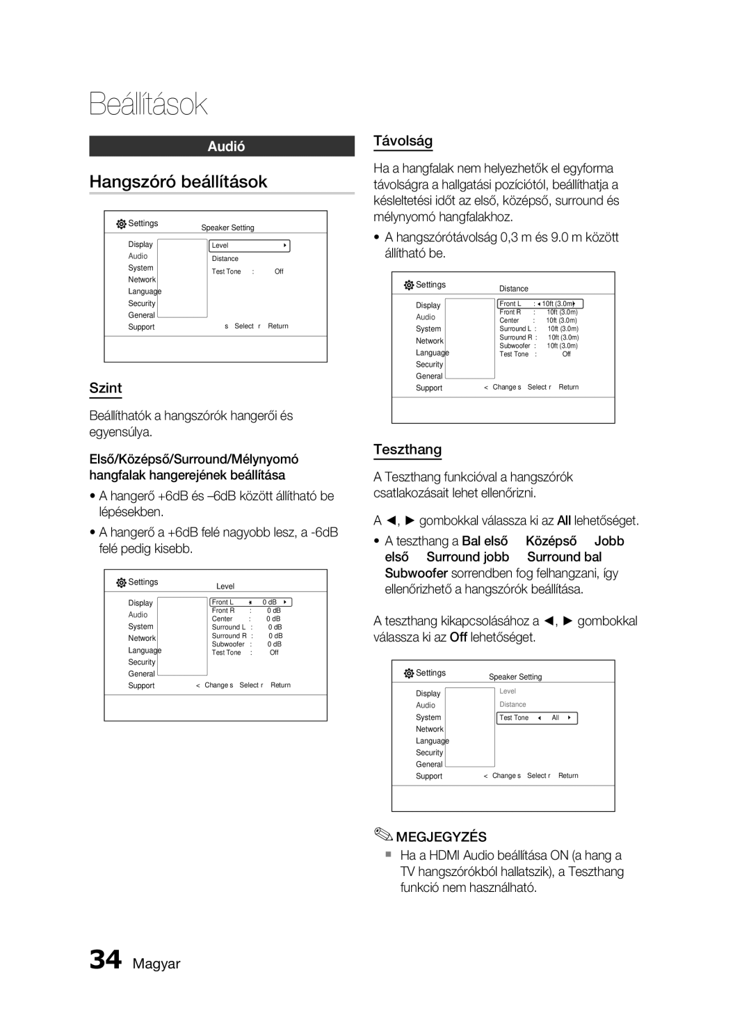 Samsung HT-C7550W/XEF, HT-C7550W/EDC, HT-C7550W/XEE manual Hangszóró beállítások, Audió, Szint, Távolság, Teszthang 