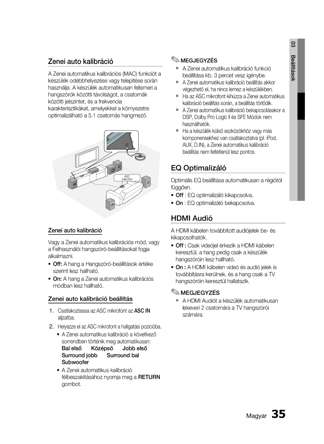 Samsung HT-C7550W/XEE, HT-C7550W/EDC, HT-C7550W/XEF manual EQ Optimalizáló, Hdmi Audió, Zenei auto kalibráció beállítás 