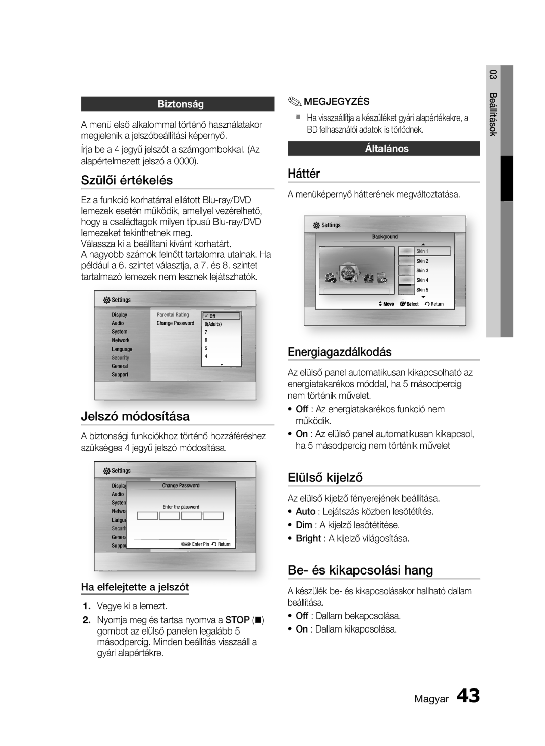 Samsung HT-C7550W/XEF, HT-C7550W/EDC manual Szülői értékelés, Jelszó módosítása, Háttér, Energiagazdálkodás, Elülső kijelző 