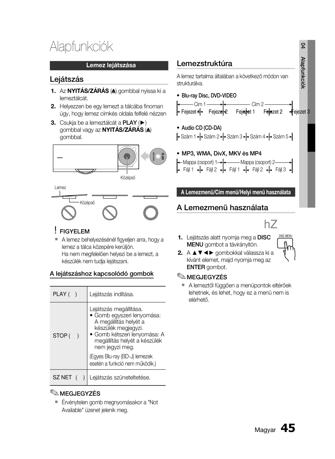 Samsung HT-C7550W/EDC, HT-C7550W/XEF manual Alapfunkciók, Lejátszás, Lemezstruktúra, Lemezmenü használata, Lemez lejátszása 