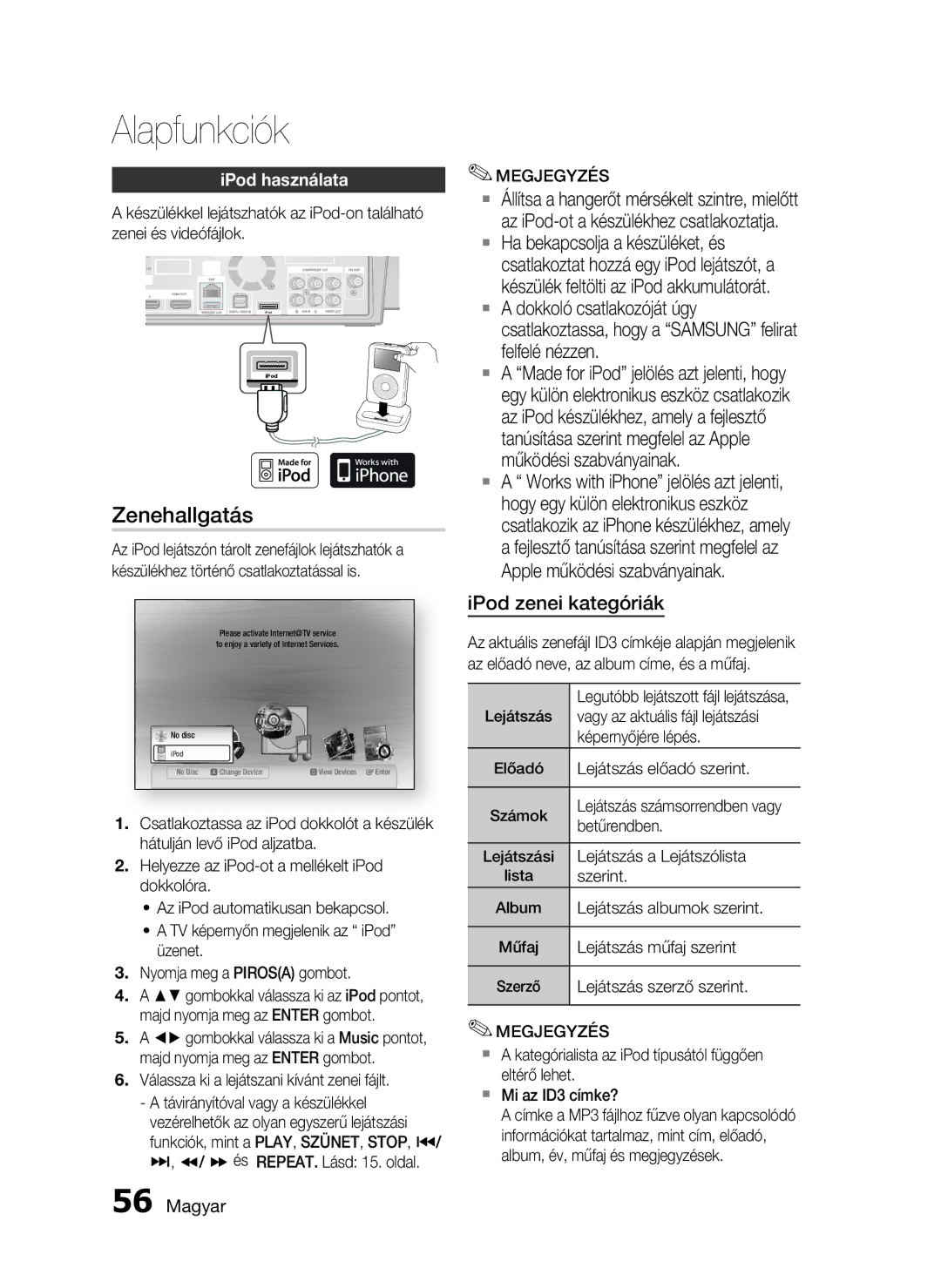 Samsung HT-C7550W/XEE, HT-C7550W/EDC, HT-C7550W/XEF manual Zenehallgatás, IPod használata 