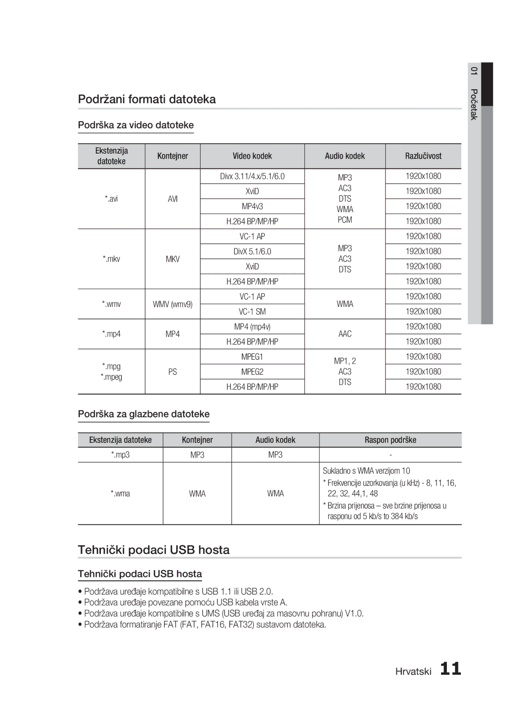 Samsung HT-C7550W/EDC manual Podržani formati datoteka, Tehnički podaci USB hosta, Podrška za video datoteke 