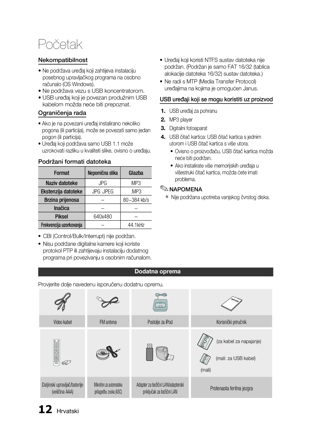 Samsung HT-C7550W/EDC manual Nekompatibilnost, Ograničenja rada, Podržani formati datoteka, Dodatna oprema 