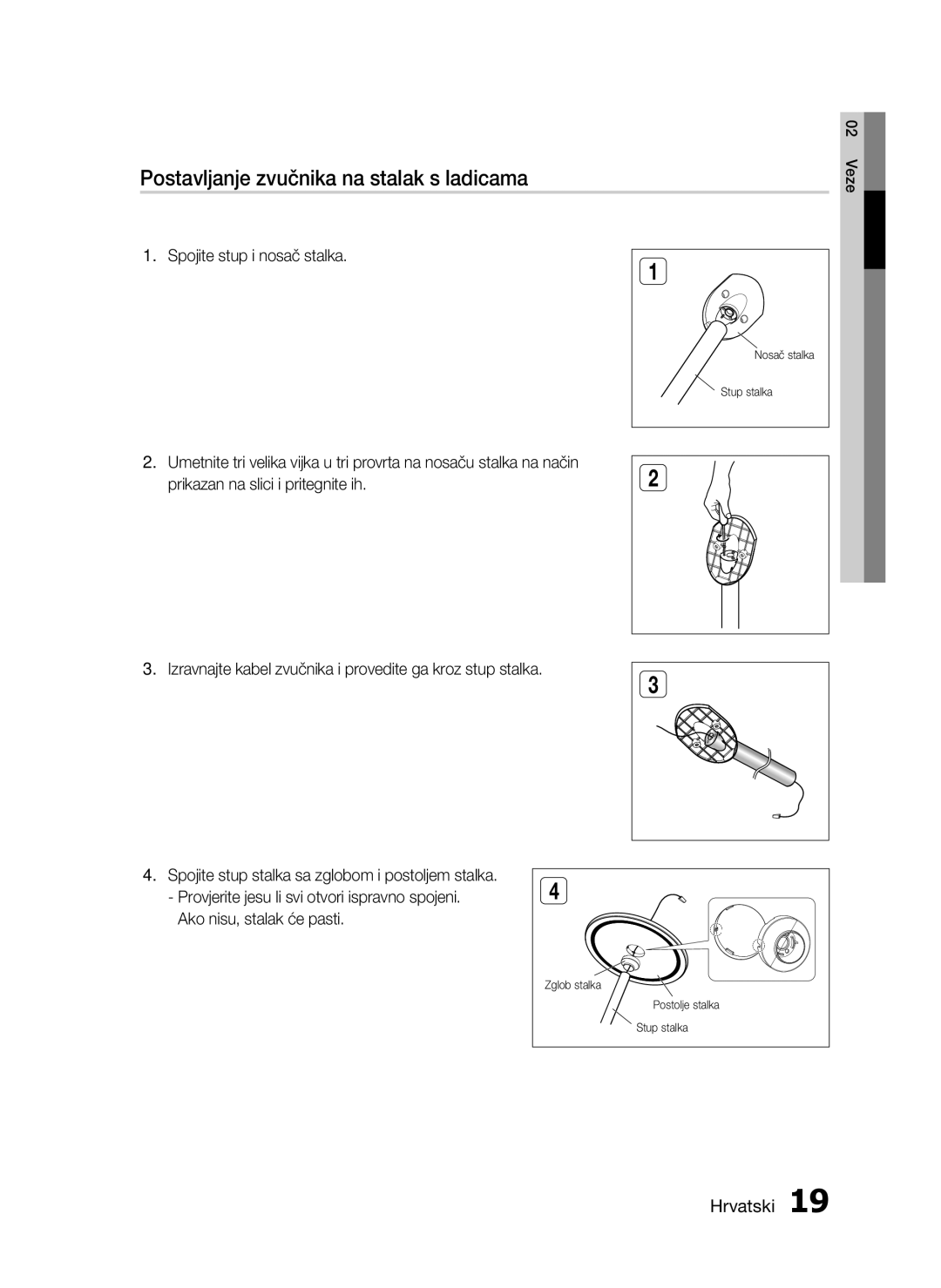 Samsung HT-C7550W/EDC manual Postavljanje zvučnika na stalak s ladicama, Spojite stup i nosač stalka 