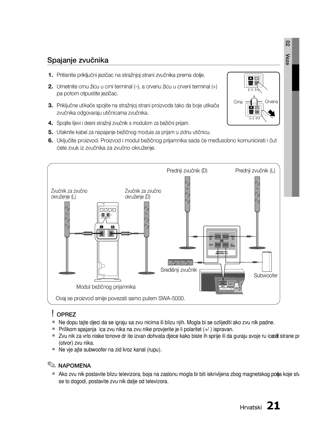 Samsung HT-C7550W/EDC manual Spajanje zvučnika, Prednji zvučnik D, Zvučnik za zvučno 