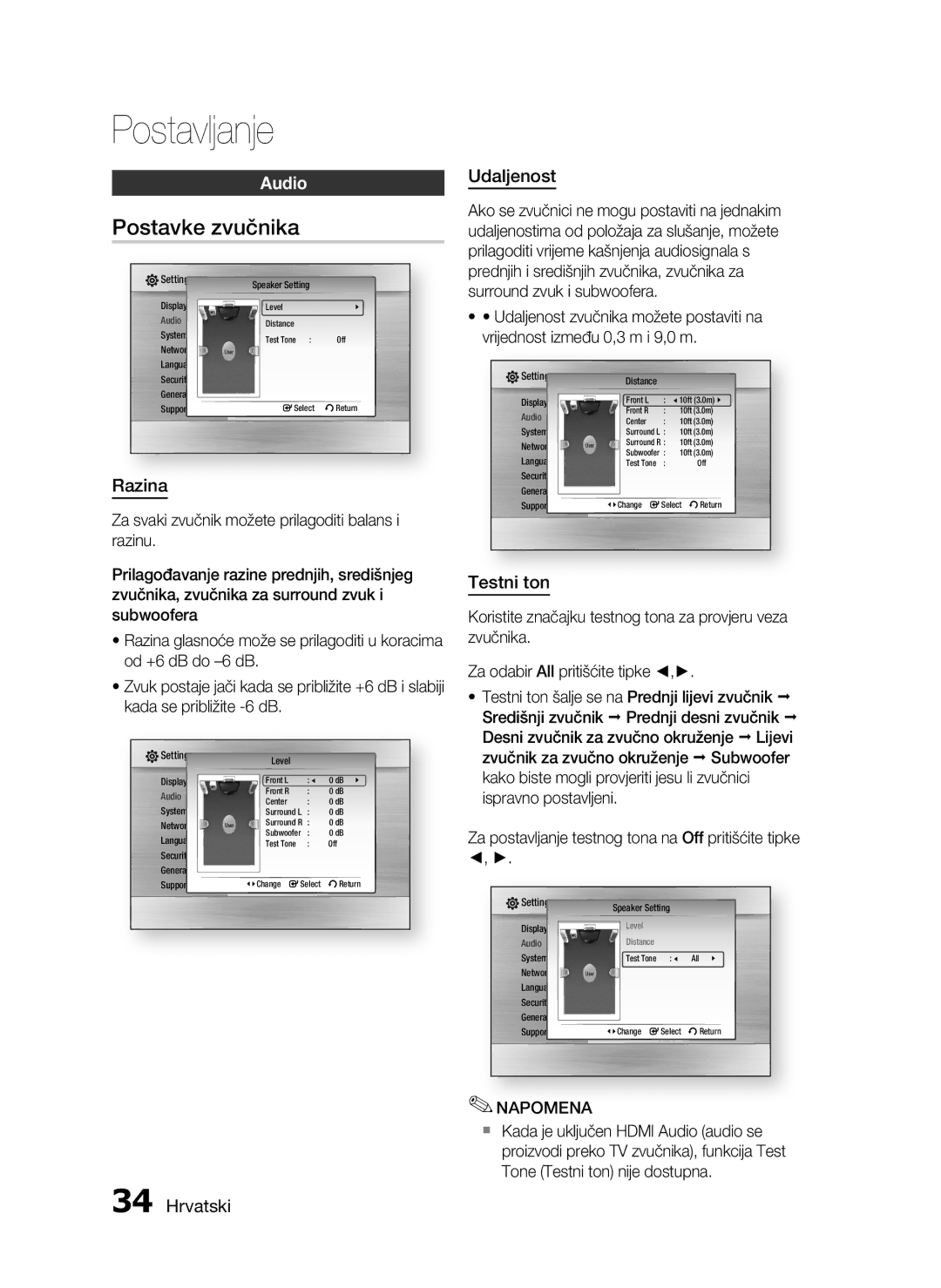 Samsung HT-C7550W/EDC manual Postavke zvučnika, Audio, Razina, Udaljenost, Testni ton 