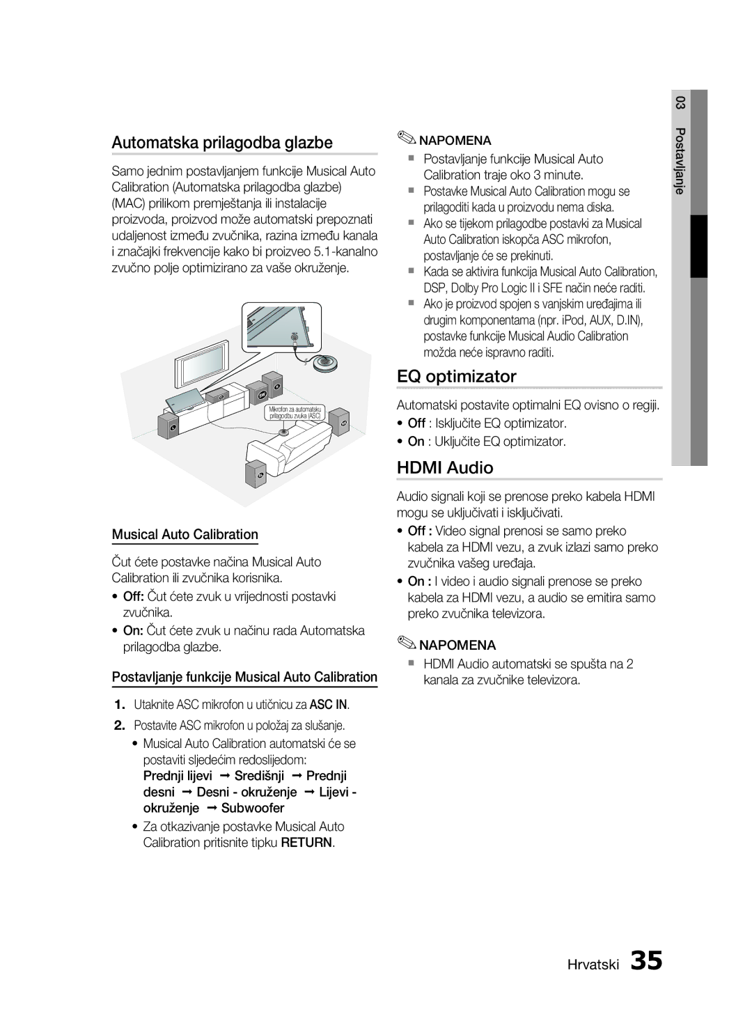 Samsung HT-C7550W/EDC manual Automatska prilagodba glazbe, EQ optimizator, Hdmi Audio, Musical Auto Calibration 