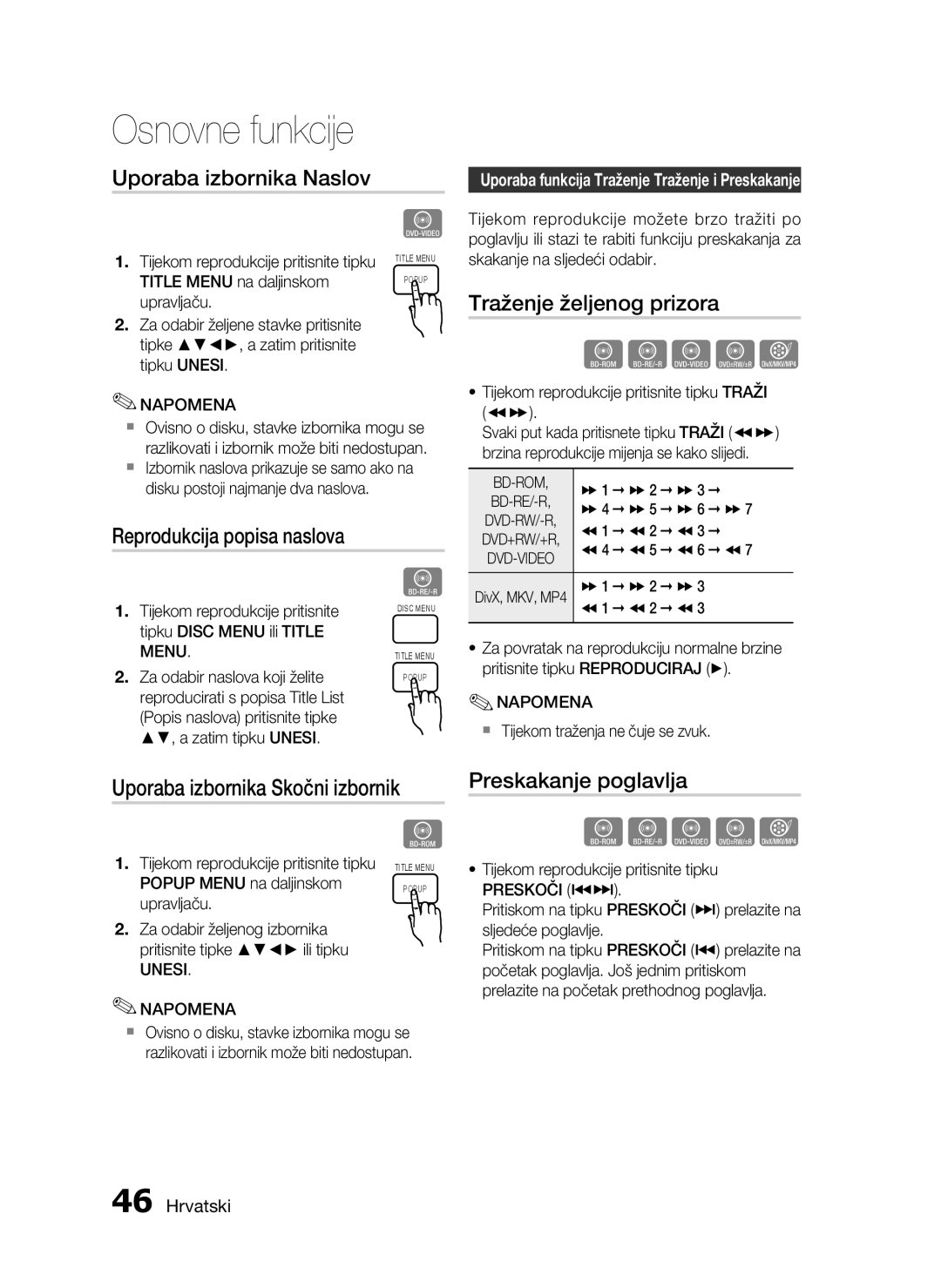 Samsung HT-C7550W/EDC manual Uporaba izbornika Naslov, Traženje željenog prizora, Reprodukcija popisa naslova, Preskoči #$ 